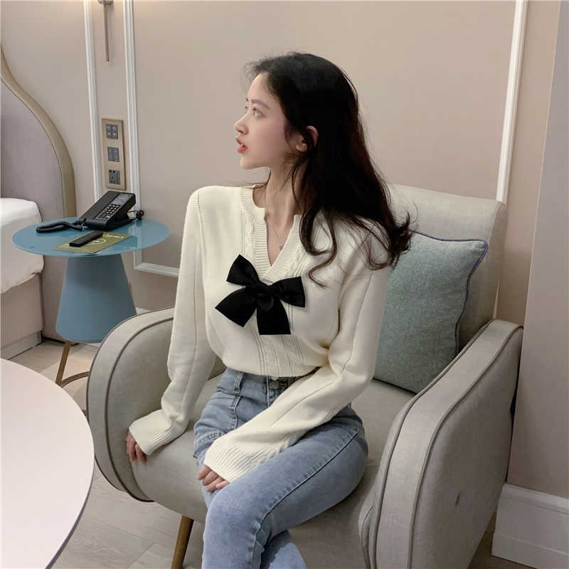 Long Sleeve V-neck Sweet Bowknot Knitwear Causal Korean Women Sweater Spring Pullover Knitted Tops 6E752 210603