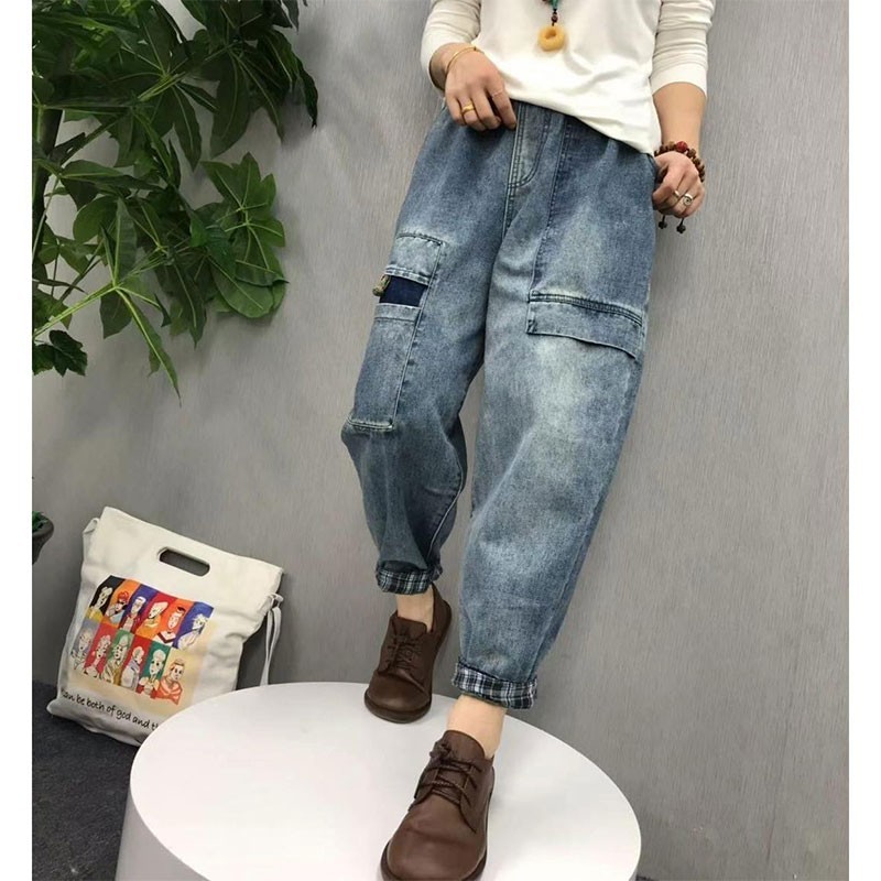 Arrival Spring Arts Style Women Elastic Waist Casual Cotton Denim Harem Pants Big Pocket Vintage Blue Loose Jeans V291 210512
