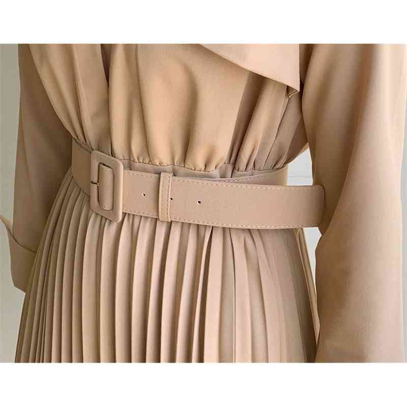 Vintage Elegant Belted Women Dresses Slim Waist Office Ladies Pleated Female Vestidos Autumn 210520