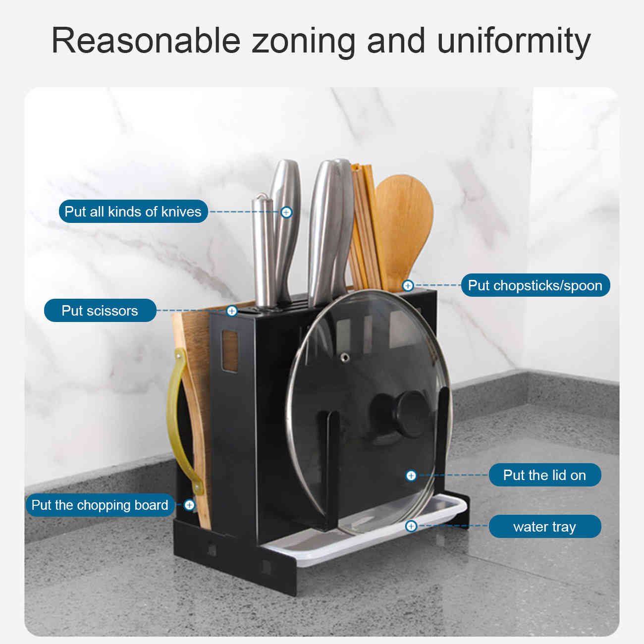 Kitchen items storage shelf pot cover cutlery chopsticks canister integrated storage desk knife shelf content shelf mesa style