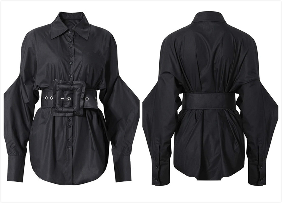 Free Fashion Ladies Loose Shirt Lapel Lantern Sleeve Single-breasted Belted Elegant Solid Color 210524