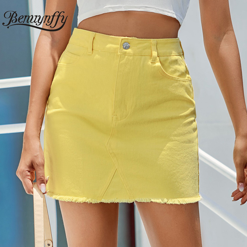 Button Fly Raw Hem Yellow Denim Skirt Women Spring Summer A-line Bodycon s Female High Waist Street Mini 210510