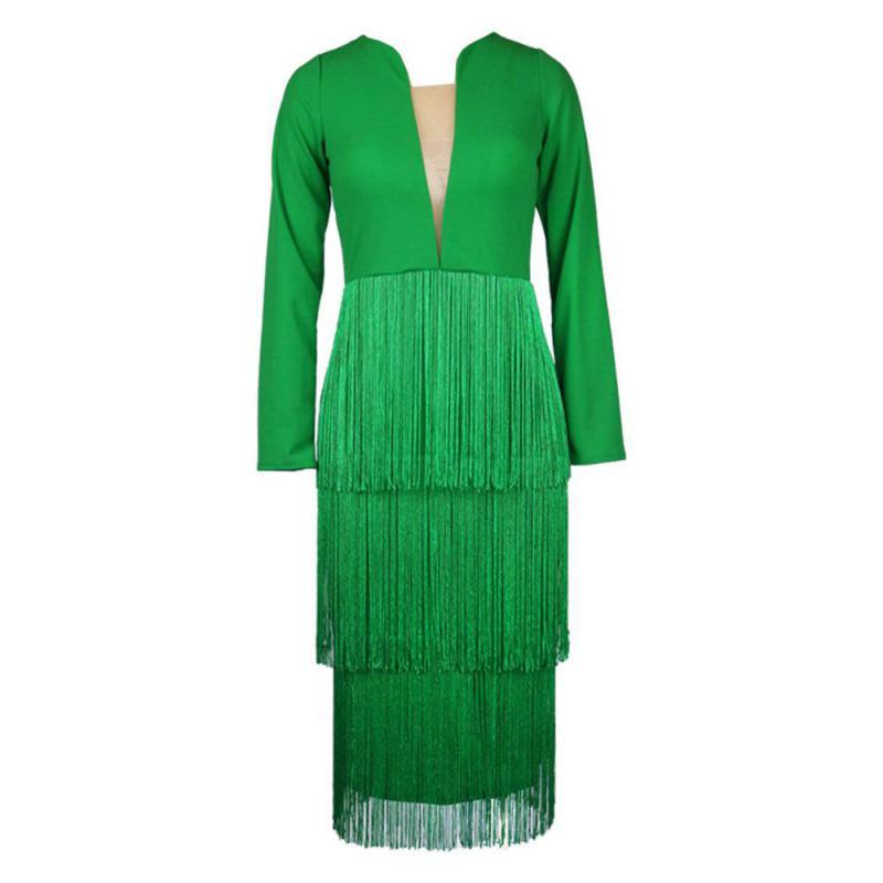Women Dress Deep V Neck Long Sleeve es Temperament Tassel Spliced Party Sexy Plus Size Ladies es 210513