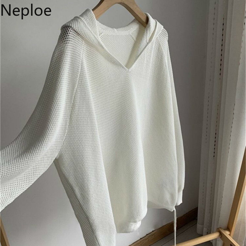 Neploe Hooded Sweater Women Spring Thin Simple Knit Pullovers Casual Hollow Out Korean Loose White All Match Jumper Tops 4H765 210422