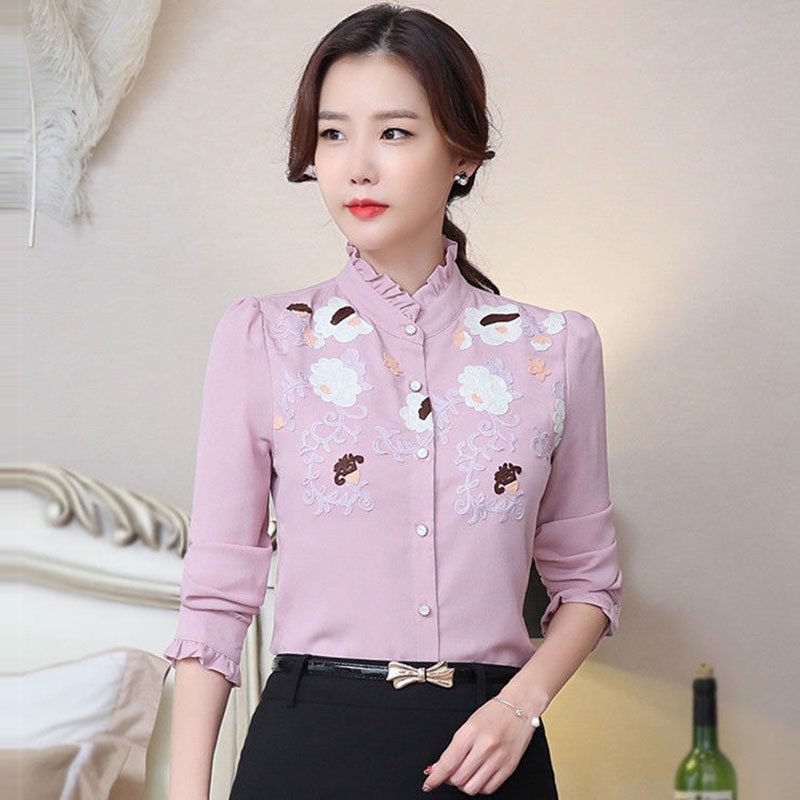 Arrival Spring Autumn Fashion Women Shirt Plus Size Long Sleeve Embroidery Blouses All-matched Casual Chiffon Shirts D198 210512