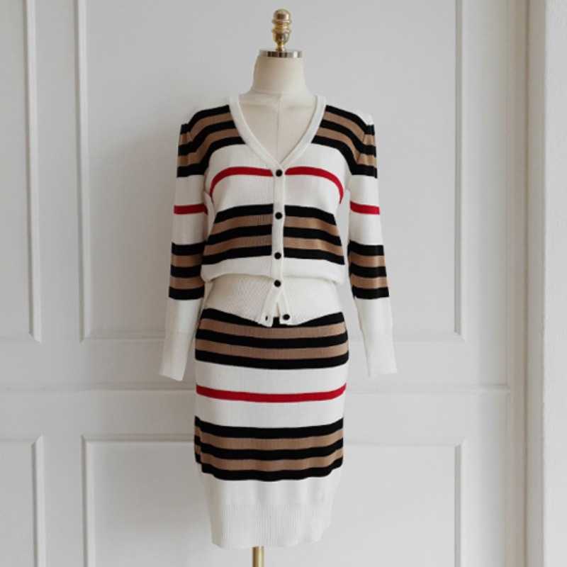 Autumn 2 Piece Suit Ladies Winter Knitting Striped Korea Long Sleeve V Neck Tops and Mini Skirt Sexy Set for Women Clothing 210708