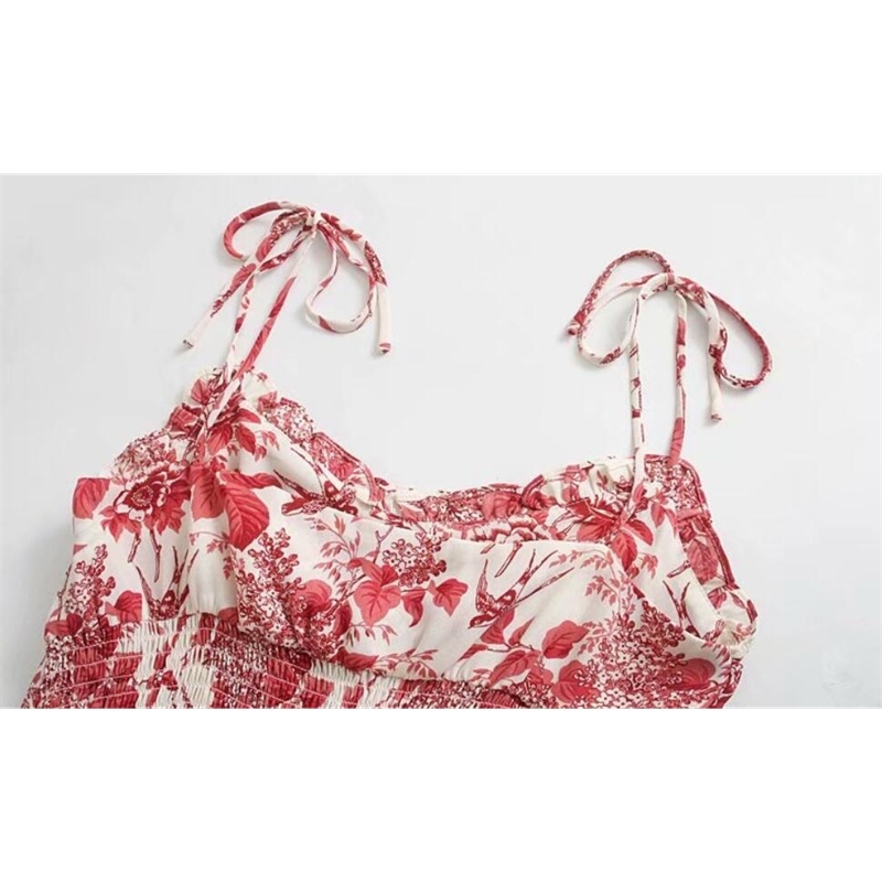 Vintage France Summer Wood ears V neck Floral Print Bandage Spaghetti Strap Short Dress Sexy Women Lacing Up Sling Party Dresses 210429