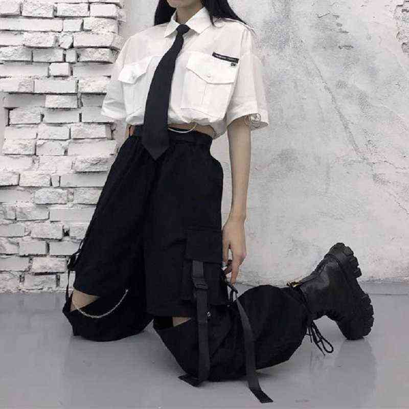 HOUZHOU Gothic Streetwear Women's Cargo Pants with Chain Punk Techwear Black Oversize Korean Fashion Wide Leg Trousers Alt 211115