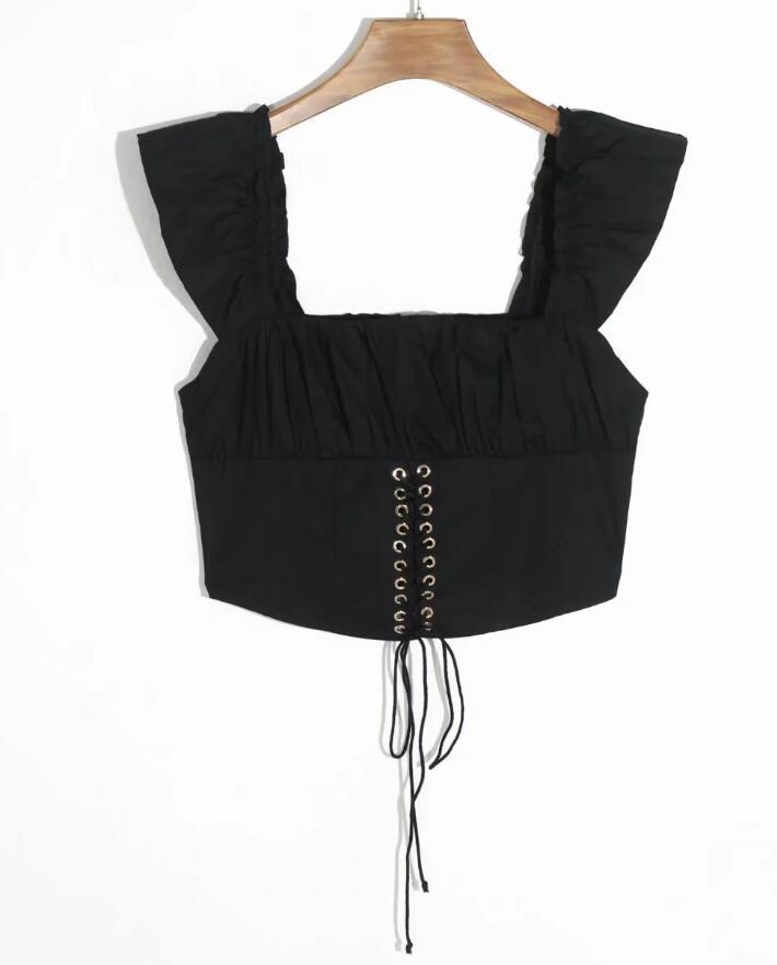 Sexy Back Zipper Slash Collar Ruched Eyelets Cross Lacing up Tank Tops Women Summer Short Sleeve Crop Top Streetwear Tees 210429