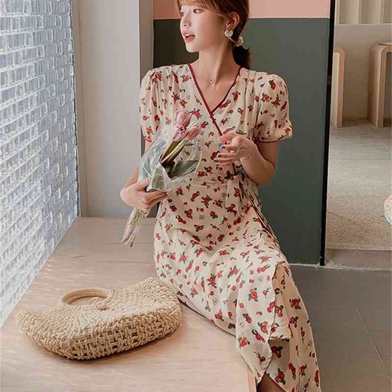 Summer Women Sweet Floral Print V-Neck Boho Long Chiffon Dress Ruffles Wrap Casual Slim Split Sexy Party Robe 210519