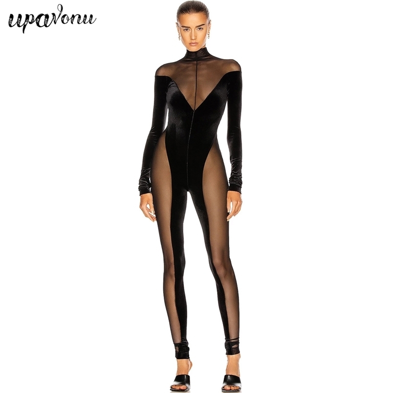 Free High Neck Long Sleeve Sexy Jumpsuit Women's Tulle Hollow Skinny Velvet Nightclub Party 210524