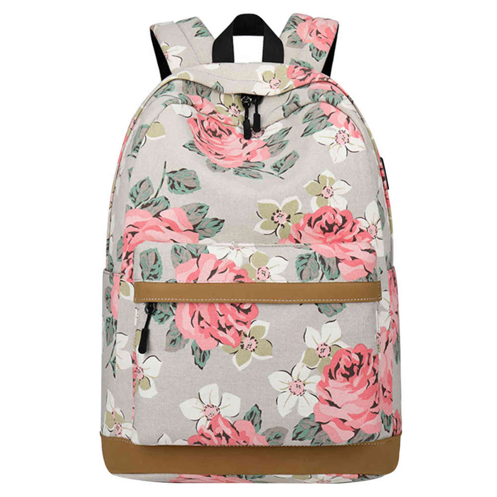 Women Outdoor Travel Fashion Canvas Backpack Book Computer Soft Teens USB Charging Port Girls School Floral Printed Y1105