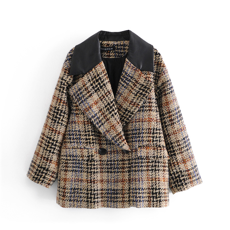 Women Winter Pu Splicing Suit Neckline Coat Female Fashion British Long Sleeve Double Breasted Plaid Coat Loose Chic Top 210520, Multi
Women Winter Pu Splicing Suit Neckline Coat Female Fashion British Long Sleeve Double Breasted Plaid Coat Loose Chic Top 210520, Multi
