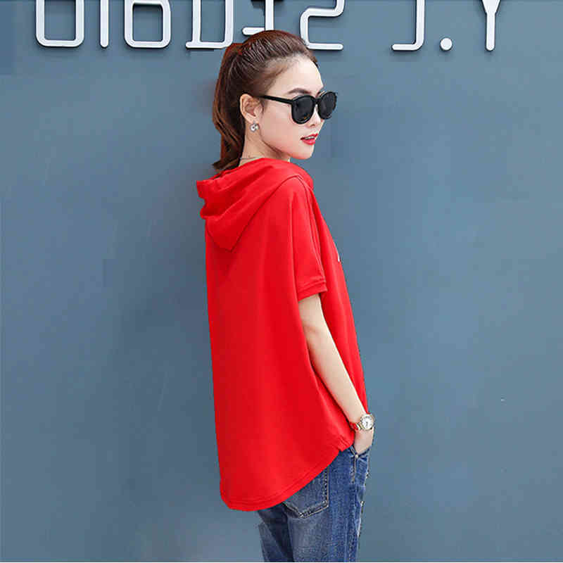 T-shirt female new hooded loose summer casual red white short-sleeved large size women fashion printing t-shirt Cotton 210406