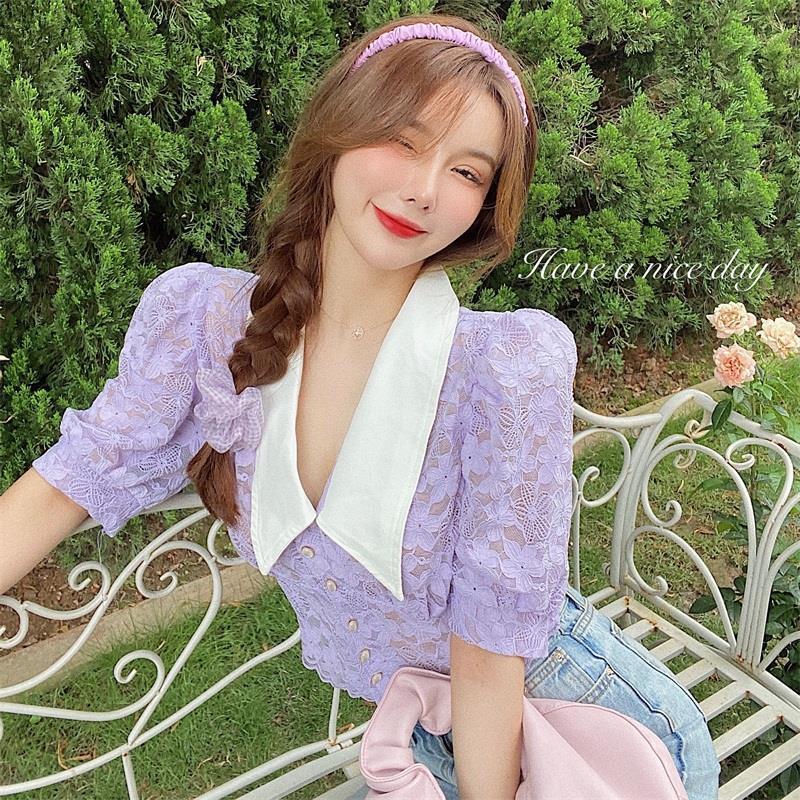 Summer French Bubble Short-Sleeved Blouse Lace Korean Style Casual Puff Sleeve Chiffon Cardigan Women's Thin Shirt Top 210521