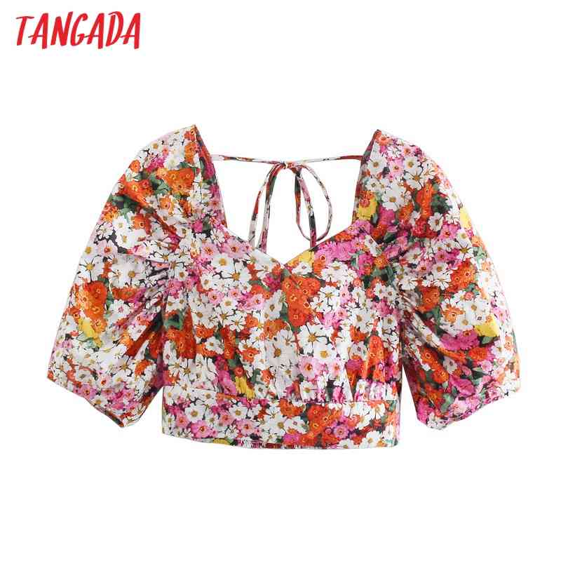 Women Retro Print Crop Short Sleeve Summer Chic Female Sexy Slim Shirt Tops 5Z80 210416