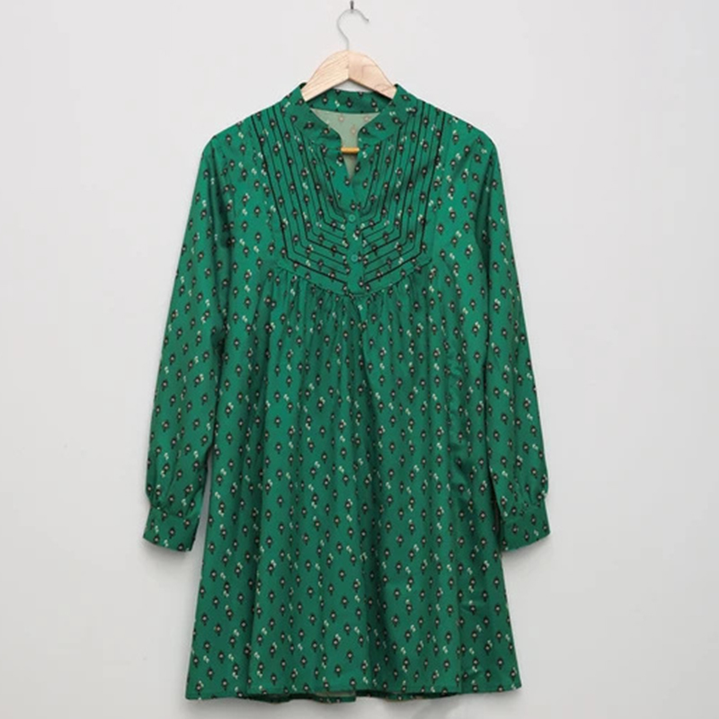 Foridol Floral Print Casual Dress Women Plus Size Office Ladies Short Green Dress Spring Autumn V Neck Vintage Dress 210415