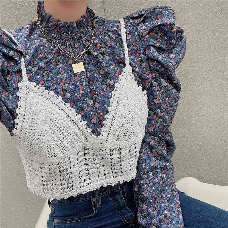 Nomikuma Spring New Women Two Piece Sets Vintage Stand Neck Puff Sleeve Pullover Blusas + Hook Hollow-out Sling Vest 6D915 210427