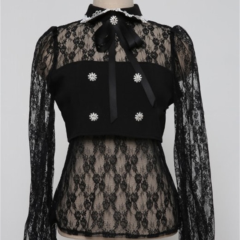 Spring Two Piece Set Fashion Office OL Women Bow Tie Sexy Hollow Out Lace Tops + High Waist Bodycon Mermaid Skirts Suit 210519