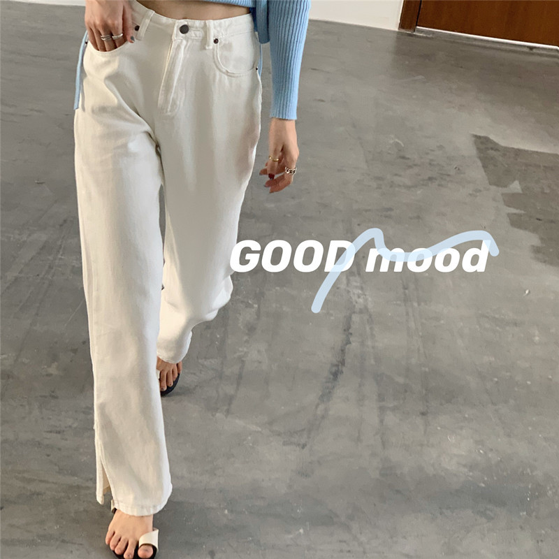 SML summer korean style loose women long White denim pants high waist Side Split jeans for womens (N0077) 210423