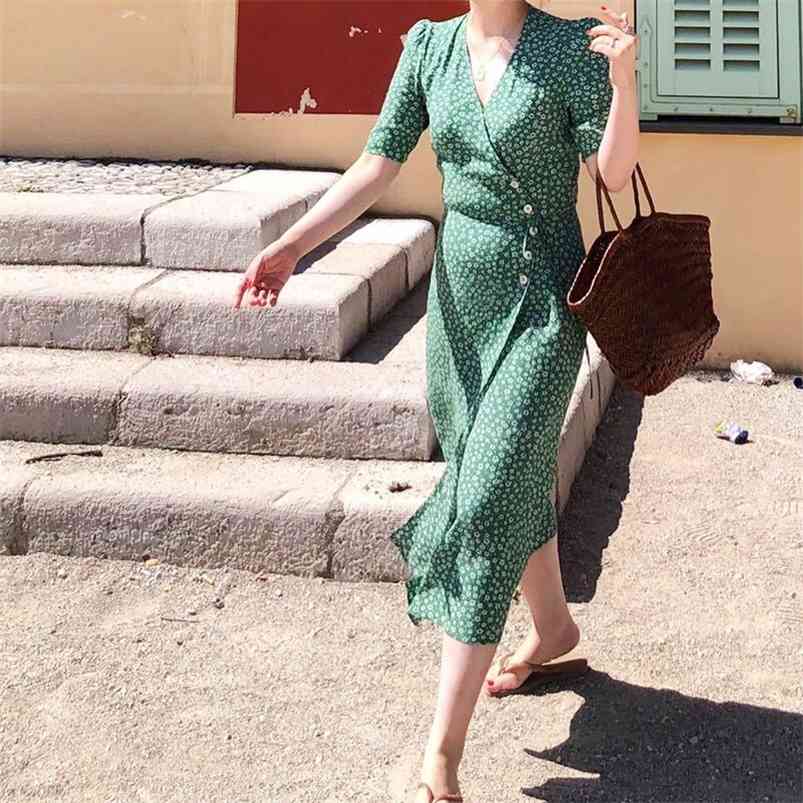 Women Long Wrap Dress Floral Print Short Sleeve Waist Buttons Soft Viscose Sexy Sweet Slim Chic Midi With Belt 210623