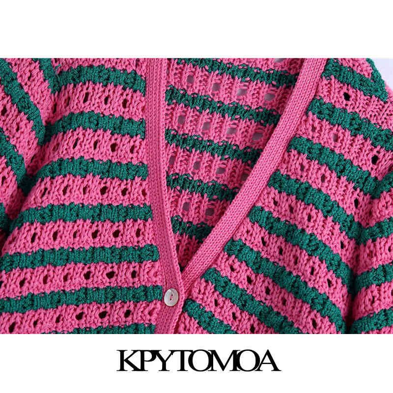 Women Fashion Striped Cropped Knitted Cardigan Sweater V Neck Short Sleeve Female Outerwear Chic Tops 210420