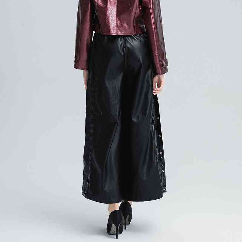 Casual PU Full Length Pant For Women High Waist Patchwork Loose Black Wide Leg Trousers Female Autumn Clothing 210521