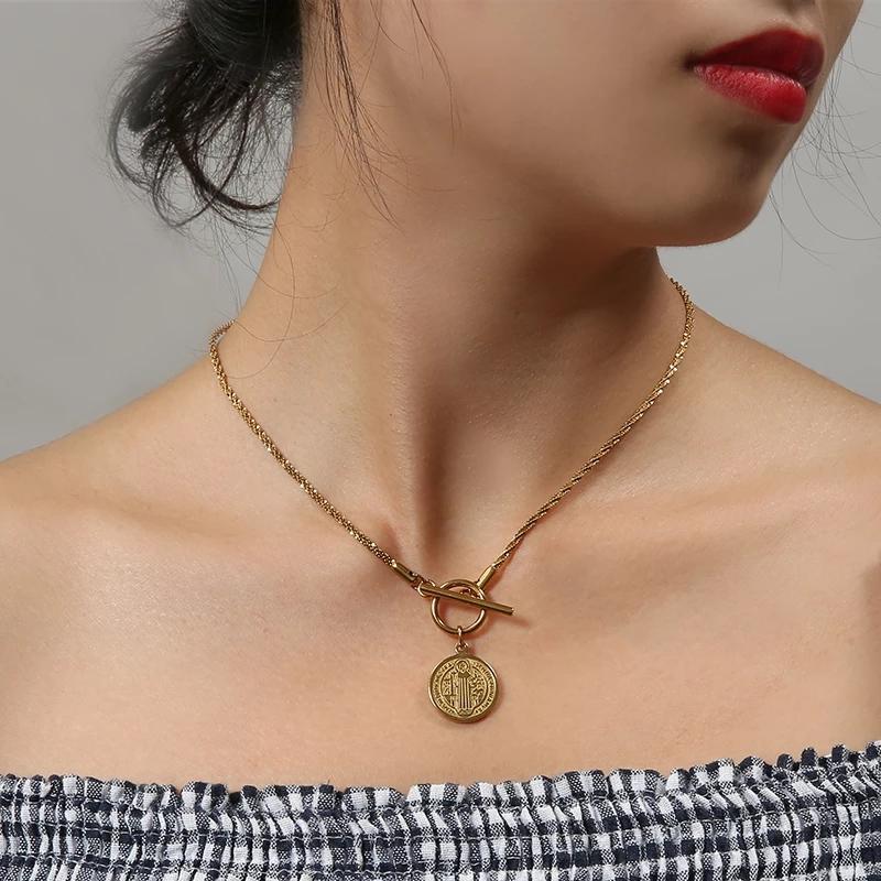 Chokers San Benito Medal Necklaces Stainless Steel Toggle Necklace For Women Gold/Silver Color Metal Saint Benedict Choker Collar
Chokers San Benito Medal Necklaces Stainless Steel Toggle Necklace For Women Gold/Silver Color Metal Saint Benedict Choker Collar