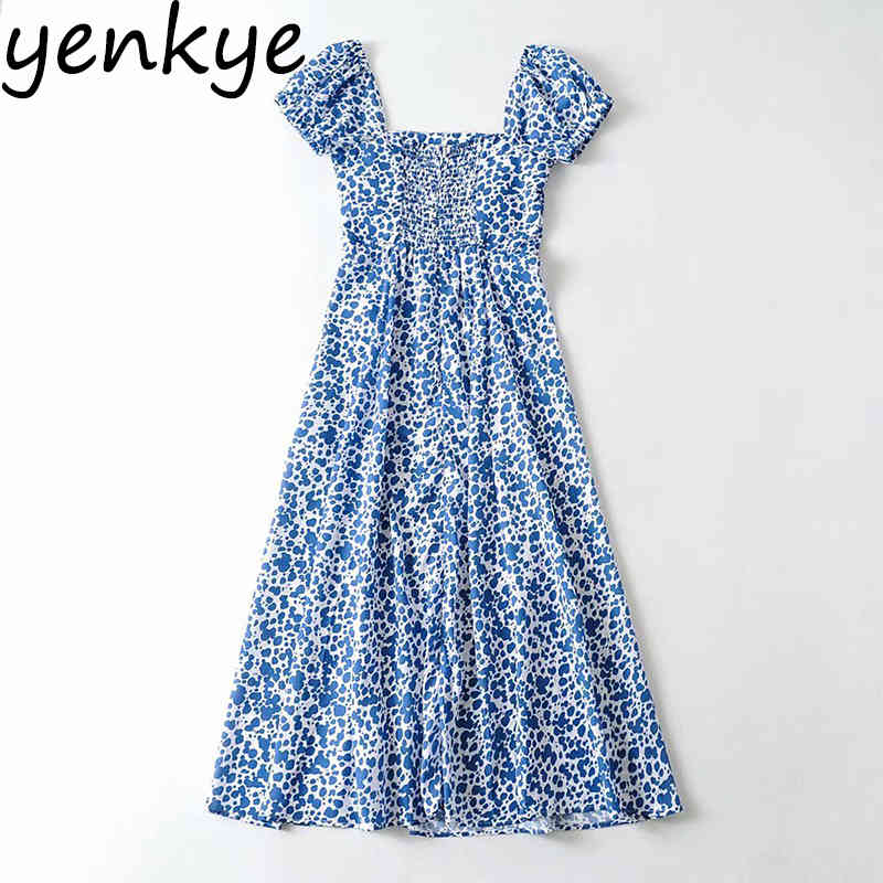 YENKYE Green Floral Print Dress Women Square Neck Sexy Slits Prairie Chic Vestido Mujer Puff Sleeve Holiday Summer Long Dress 210515