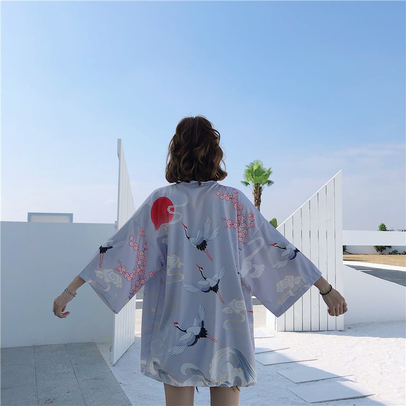 Yukata Female Kimono Cardigan Shirt Harajuku Crane Prtint Blusas Woman Blouse Obi Haori Japanese Streetwear Summer 210519