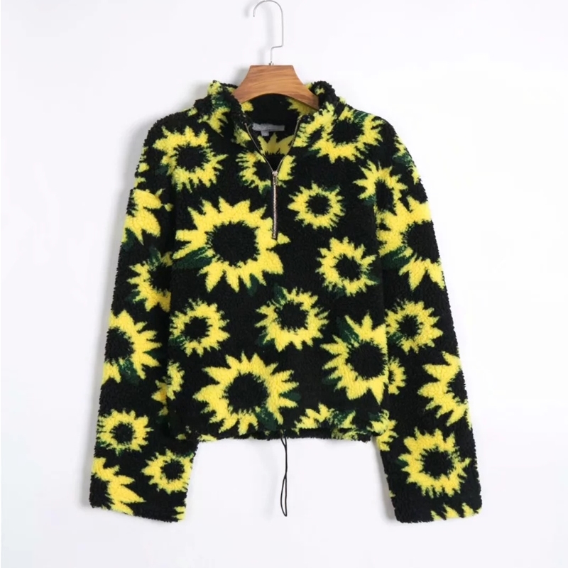 Women Sunflower Print Half Zip Fleece Sweatshirt With Drawstring Hem 210512