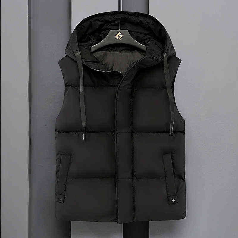 Autumn Winter Men's Casual Hooded Vest Solid Sleeveless Jacket Male Thick Warm Waistcoat Zipper vests with pockets Outerwear 211111