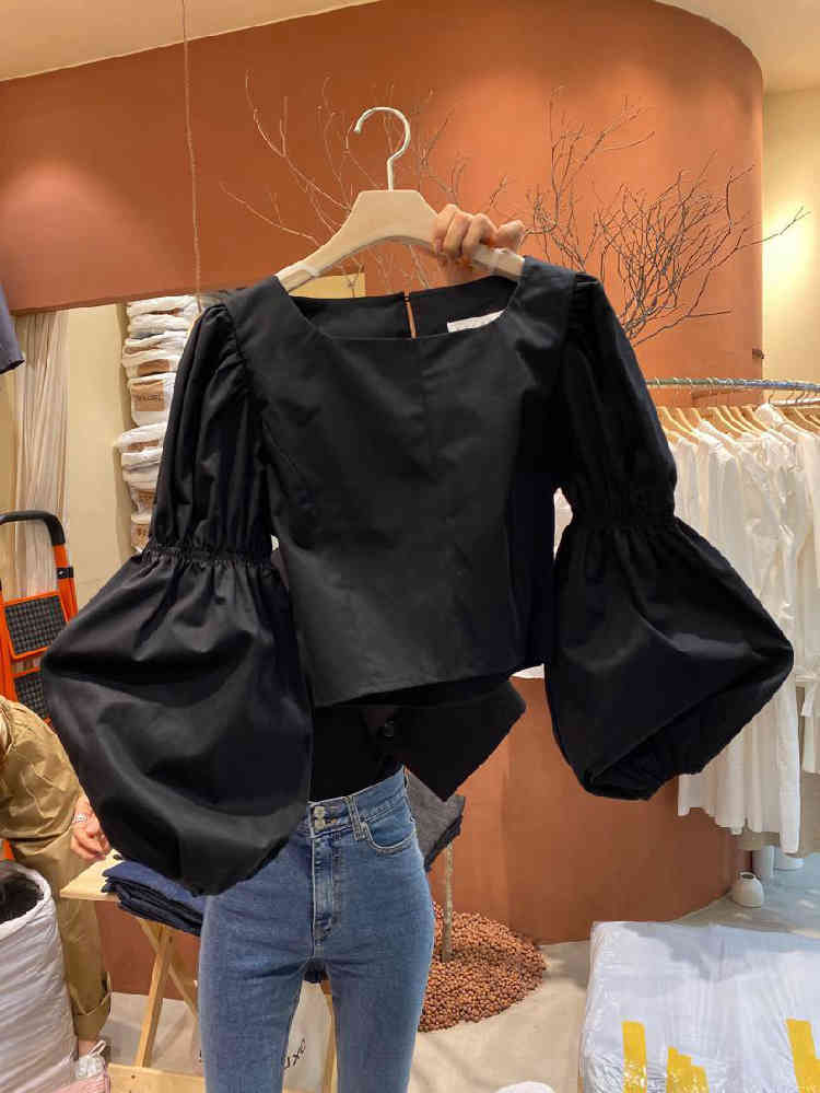 Nomikuma New Square Collar Women Blouse Puff Long Sleeve Korean Short Shirts Autumn Fashion Solid Blusas Feminimos 6C508 210427