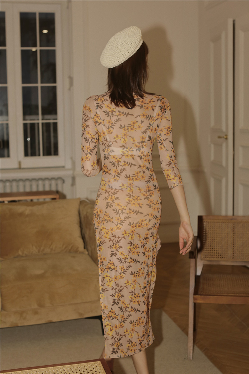 Vintage Long Midi Mesh Dress Women Mandarin Collar Bodycon Ladies Summer Floral Print Side Slit 210427