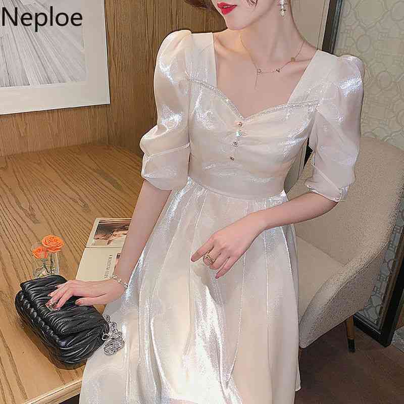 Neploe Korean White Dress for Women Puff Sleeve Vintage Woman Vestidos Squared Collar Party Dresses High Waist Ladies Long Robe 210422
