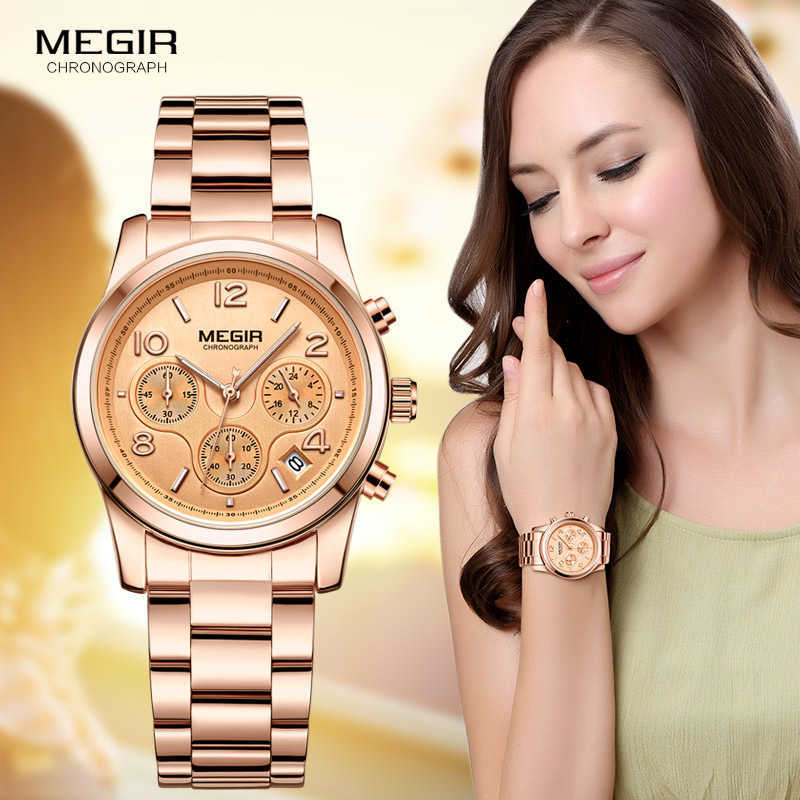 

Megir Ladies Watch Chronograph Quartz Watche Top Brand Luxury Rose Gold Wristwatch Relogio Feminino 2057 210616, M2057l-white
