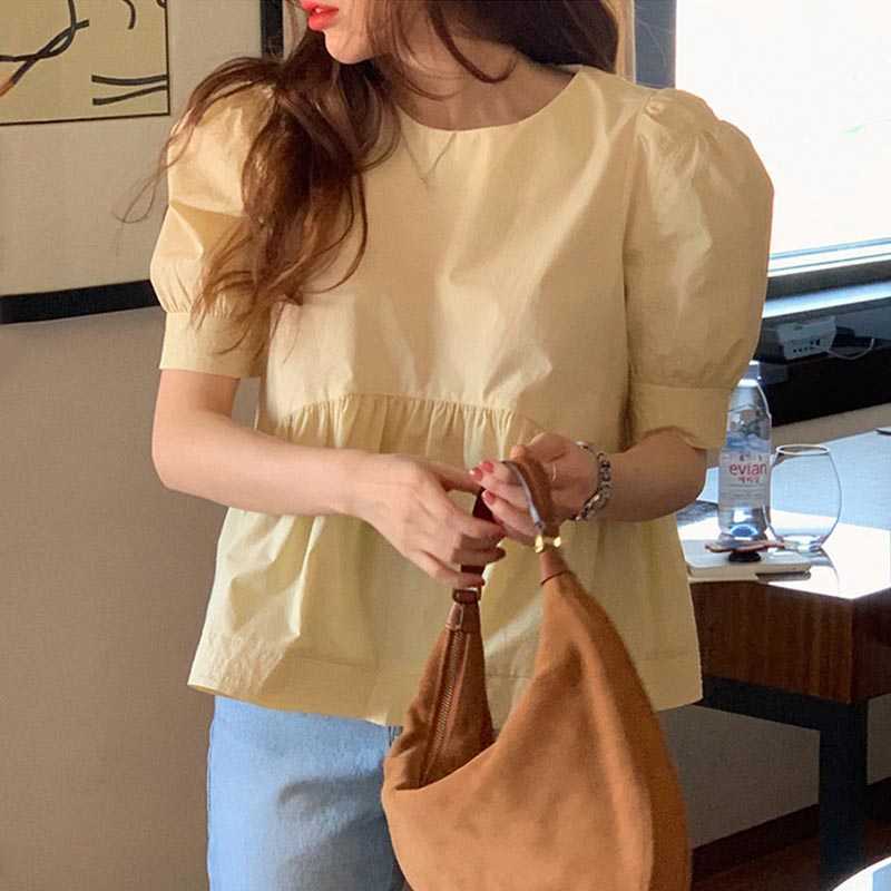 Korejpaa Women Shirt Summer Korean Fashion Chic Sweet Round Neck Lemon Yellow Loose Casual Joker Bubble Sleeve Blouse Female 210526