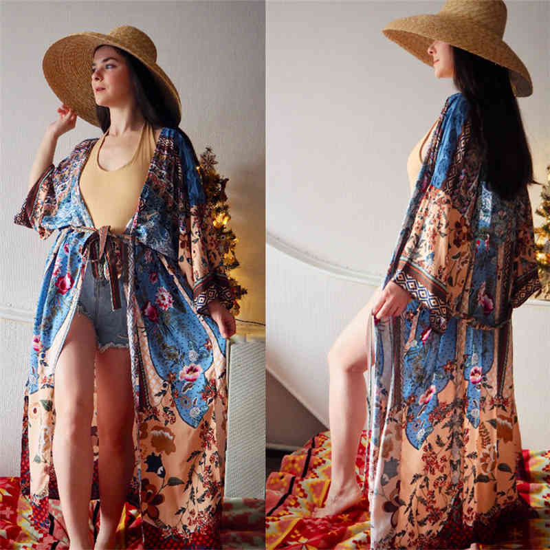Long Beach Dress Print Cover up Tunics for Sarong Robe de Plage Bikini Vestido Playa #Q653 210420