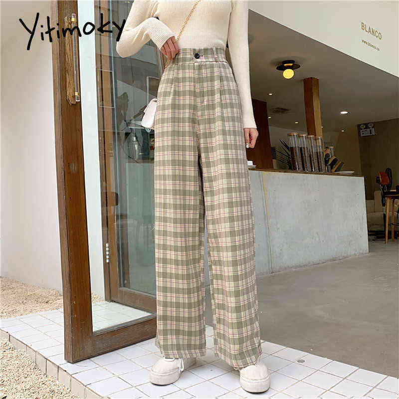 Yitimoky Plaid Pants Sweatpants Women Spring Streetwear Korean Style Elastic High Waist Straight Wide Leg Woman 211115