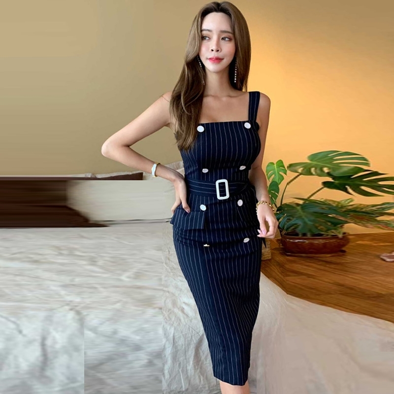 Women Knee-Length Summer Dresses Sexy Backless Bodycon Sleeveless Double Breasted Korea Dress Vestidos 210520