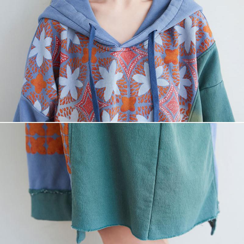 2021 Autumn Winter Patchwork Hooded Dress Women Print Korean Style Knit Cotton Robe Female Big Size Loose Casual Dresses