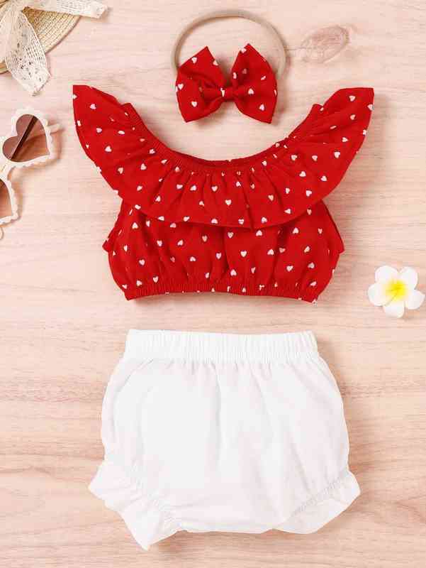 Baby Confetti Heart Print Top & Bow Front Shorts With Headband SHE