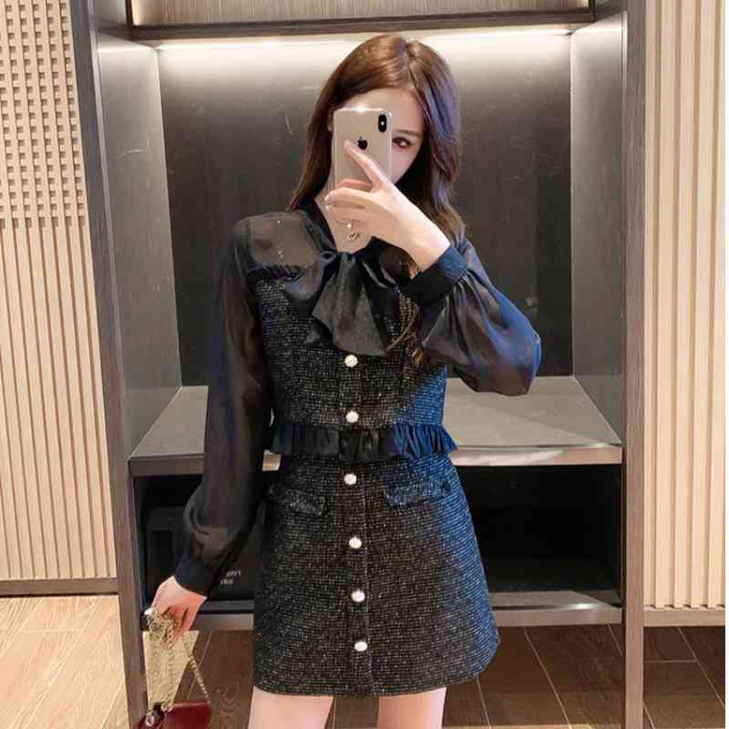 Fall Two piece set Women Chiffon Patchwork Tweed Bowknot Long Sleeve Ruffles Shirt Top + A-line Mini Skirt Suits 210519