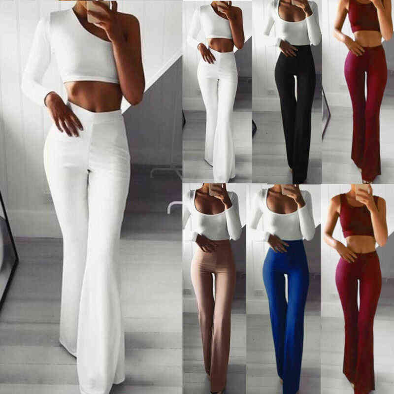 Womens Solid High Waist Flare Wide Leg Lady Trousers Bell Bottom Yoga Pants H1221