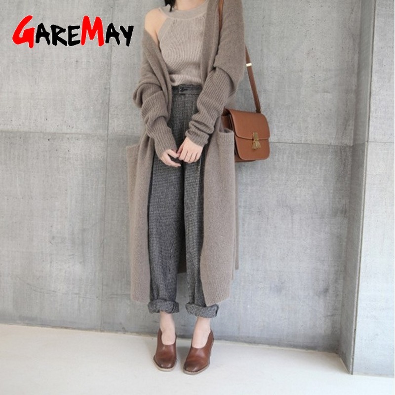Korean Warm Knitted Cardigan Women Long Sleeve Knitwear Autumn Winter Solid Loose Female Elegant Pocket Knit Outerwear Coat 210428
