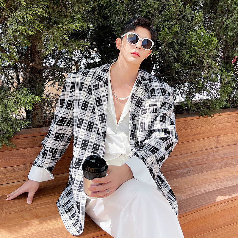 IEFB Spring Summer Korean Loose Vintage Black White Plaid Blazer Men's Temperament Lattice Notched Long Sleevc Suit 9Y7558 210524