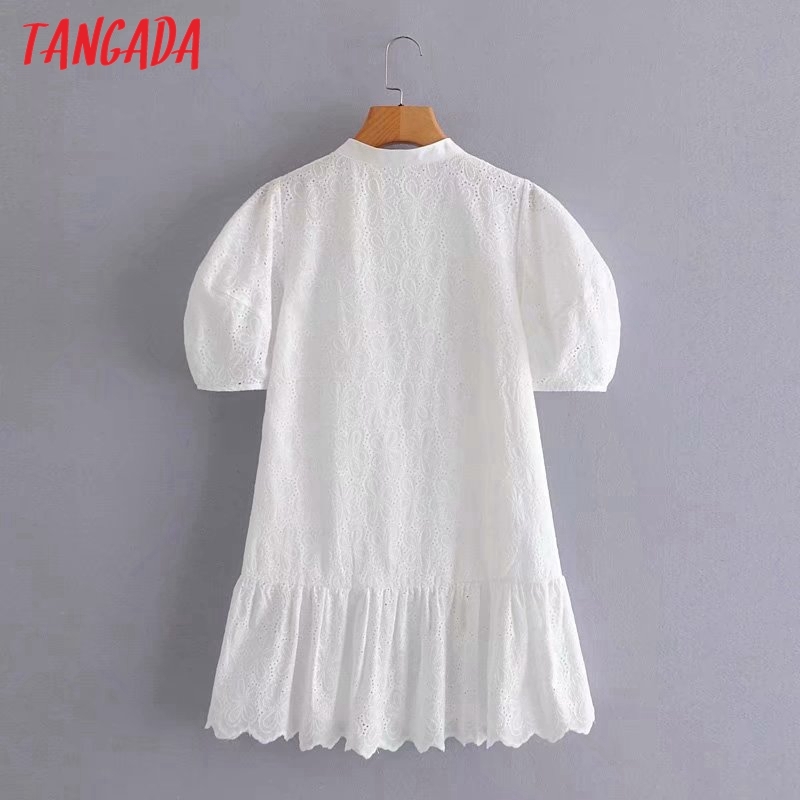 Summer Women French Style White Lace Puff Sleeve Ladies Cotton Short Dress Vestidos 2G15 210416