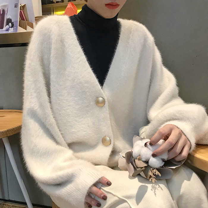 Autumn Winter Fashion Women Mink Cashmere Cardigan Sweater Female V-neck Knitted Long haired mink cashmere sweater 210918