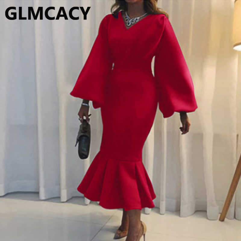 Women Lantern Sleeve V Neck Mermaid Dress Classy Office Laides Formal Party Dresses 210702
