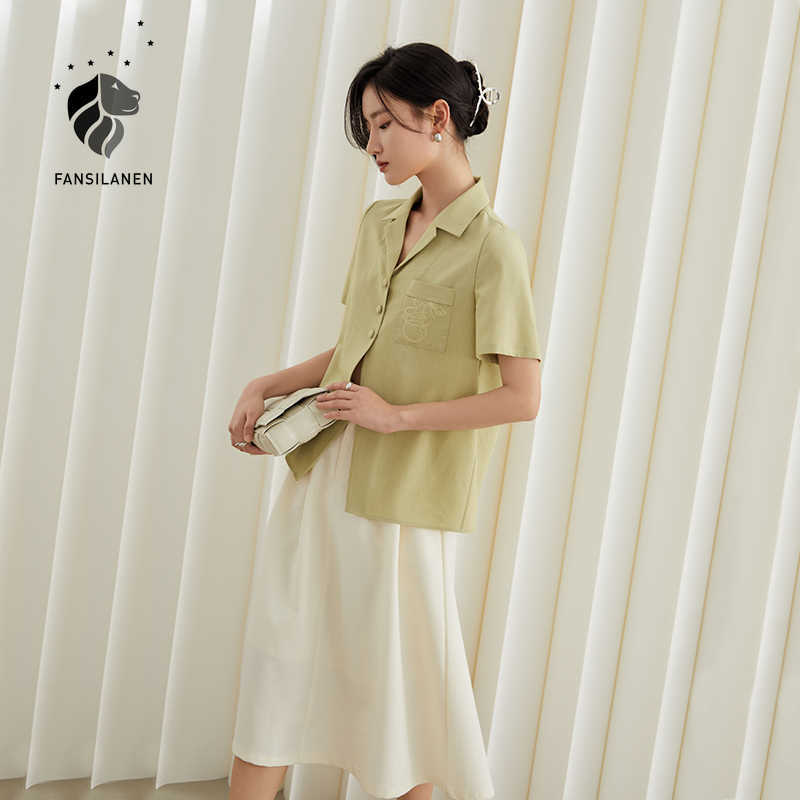 FANSILANEN Office Lady Suit Collar Yellow Shirt Women's Summer Short-sleeved Embroidered Tops 210607
FANSILANEN Office Lady Suit Collar Yellow Shirt Women's Summer Short-sleeved Embroidered Tops 210607